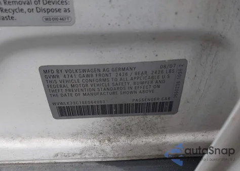 2008 Volkswagen Passat Komfort из США, поврежденный, VIN WVWLK73C18E064083